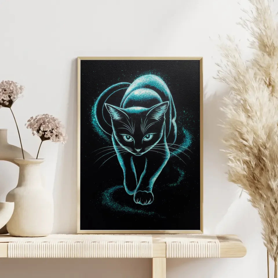 Magische Katze Poster mit Glitzerkunst in schwarz-weiß und blauem Blick