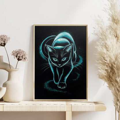 Magische Katze Poster mit Glitzerkunst in schwarz-weiß und blauem Blick