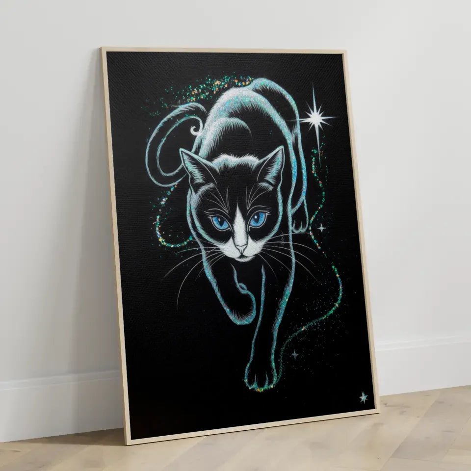 Mystische Katze Poster mit Glitzerkunst und blauen Augen für dein Zuhause