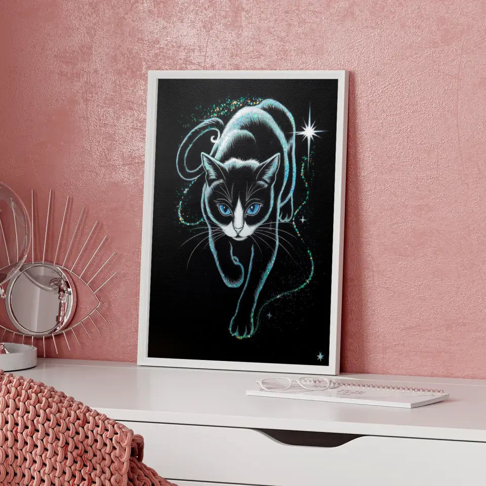 Mystische Katze Poster mit Glitzerkunst und blauen Augen für dein Zuhause
