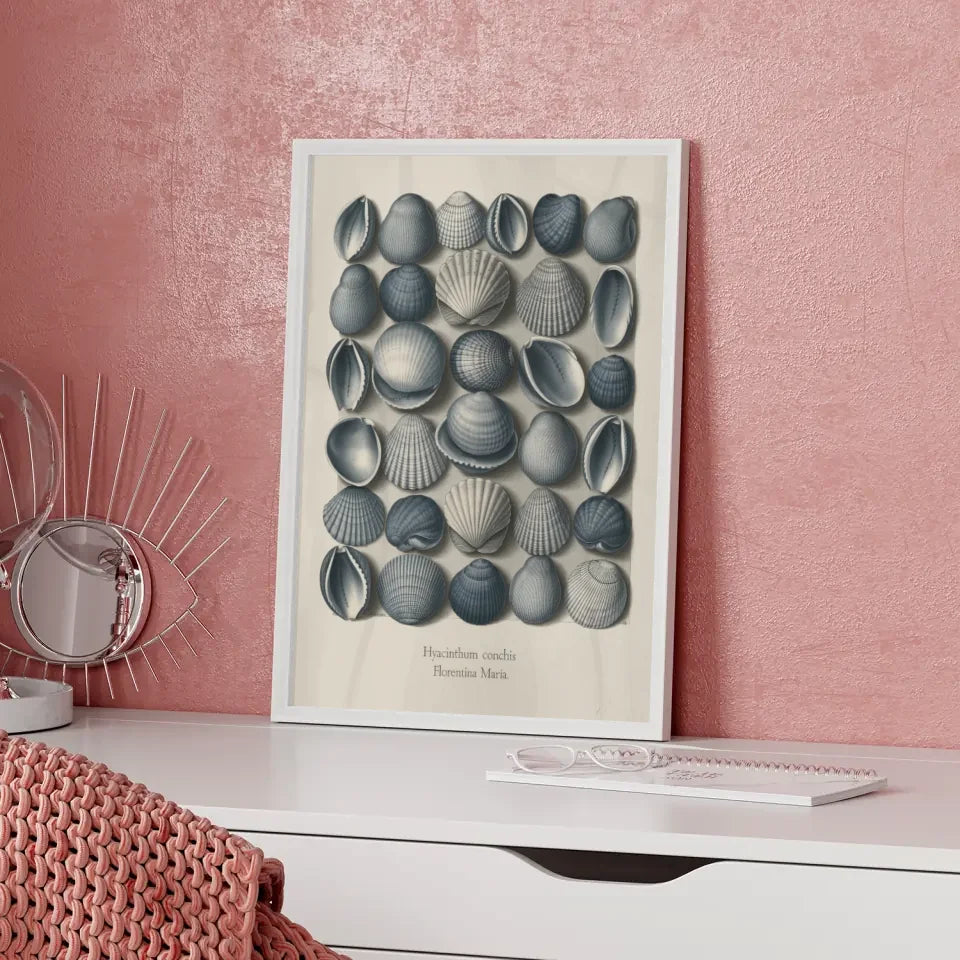 Vintage Muschel Poster in Blau und Weiß für maritime Räume
