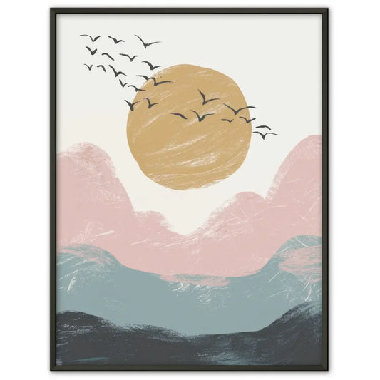 Abstraktes Poster mit minimalistischer Landschaft und goldgelber Sonne