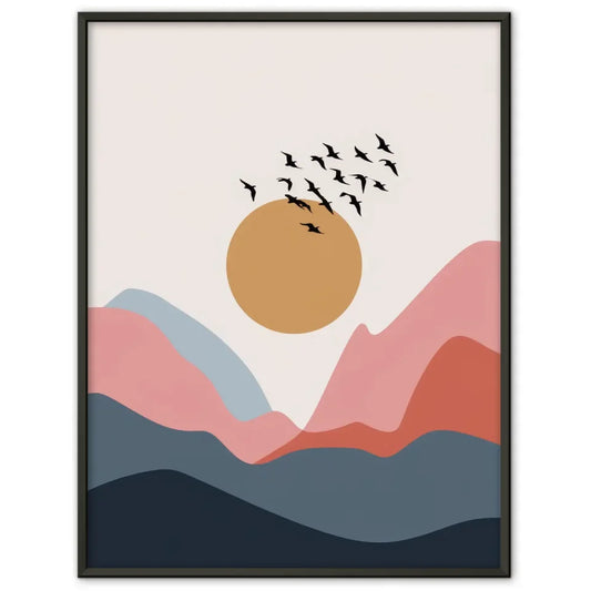 Minimalistisches Poster mit abstrakter Landschaft und Vögeln im Flug