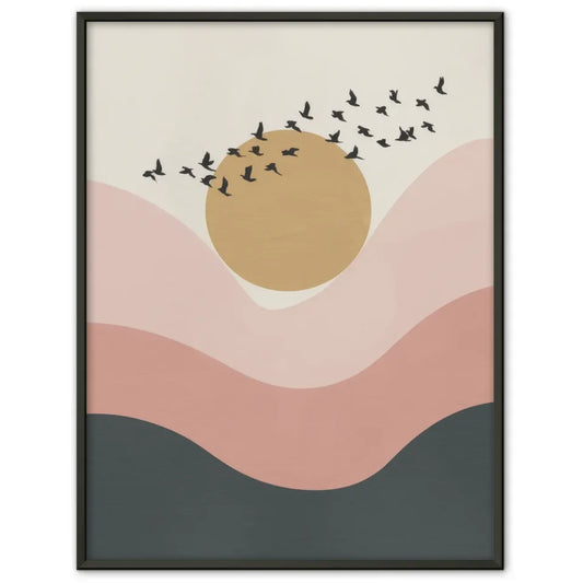 Abstrakter Landschafts Poster mit goldgelbem Kreis und Vögeln