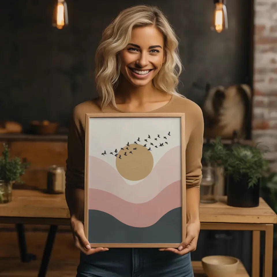 Abstrakter Landschafts Poster mit goldgelbem Kreis und Vögeln