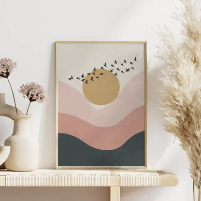 Abstrakter Landschafts Poster mit goldgelbem Kreis und Vögeln