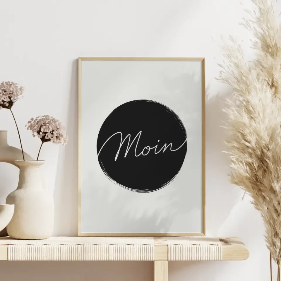 Minimalistisches Poster Moin in Schwarz Weiß für moderne Dekoration