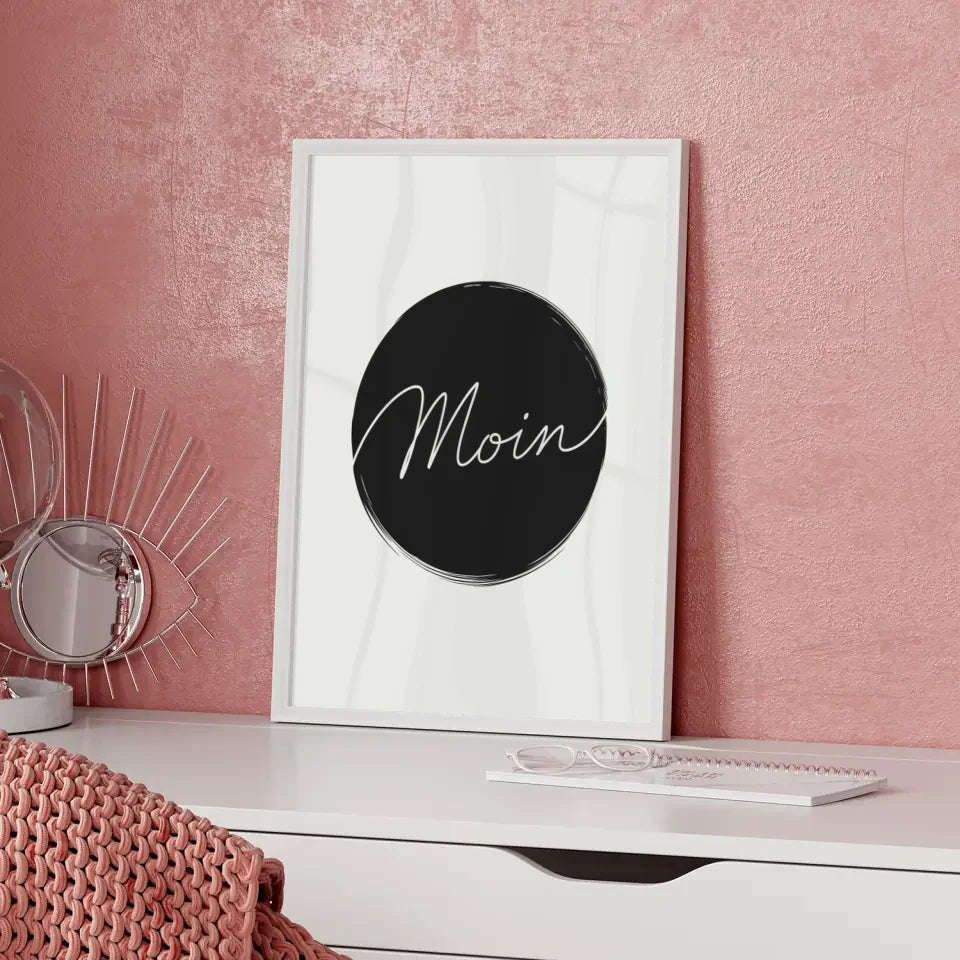 Minimalistisches Poster Moin in Schwarz Weiß für moderne Dekoration