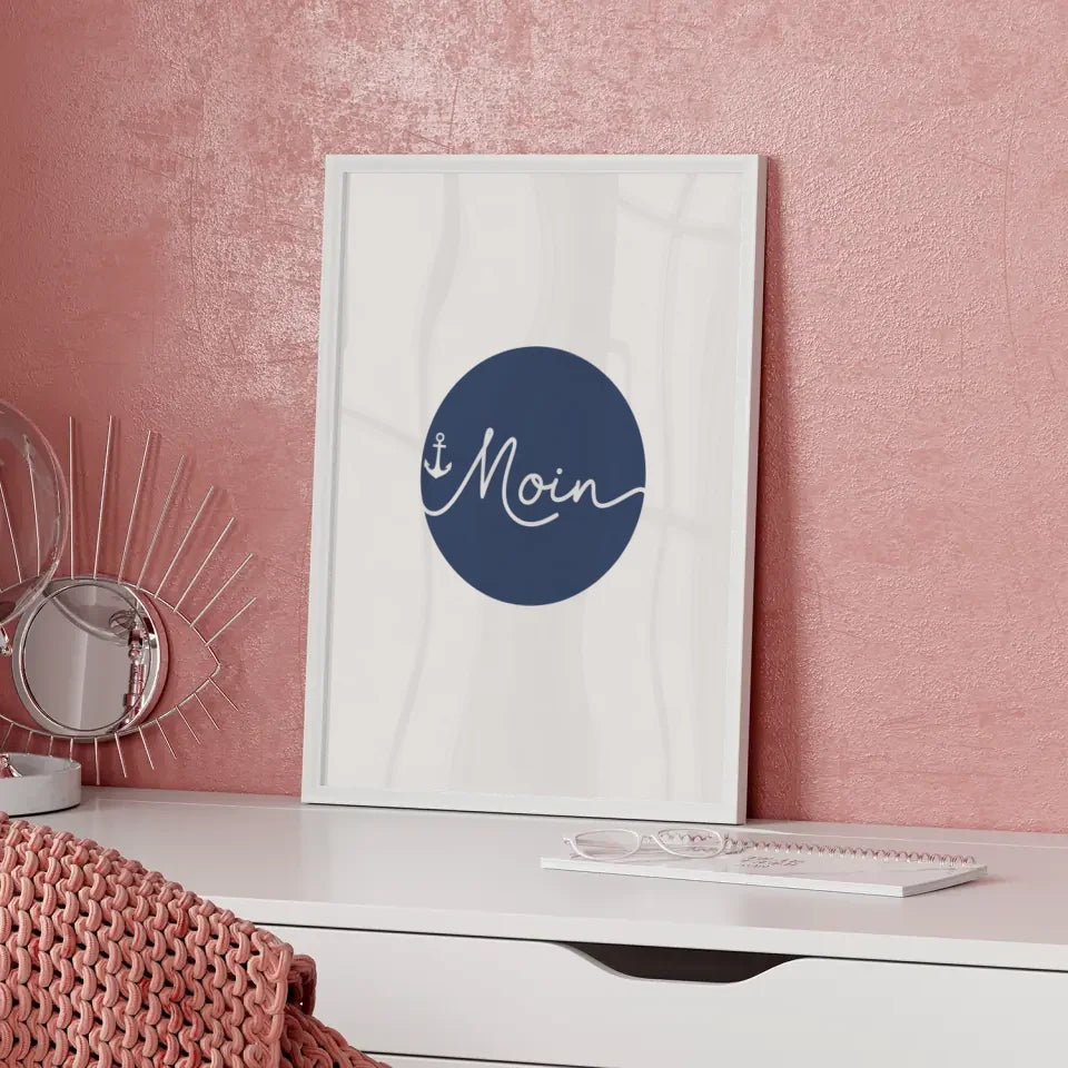 Minimalistisches Poster Moin mit Anker auf blauem Hintergrund