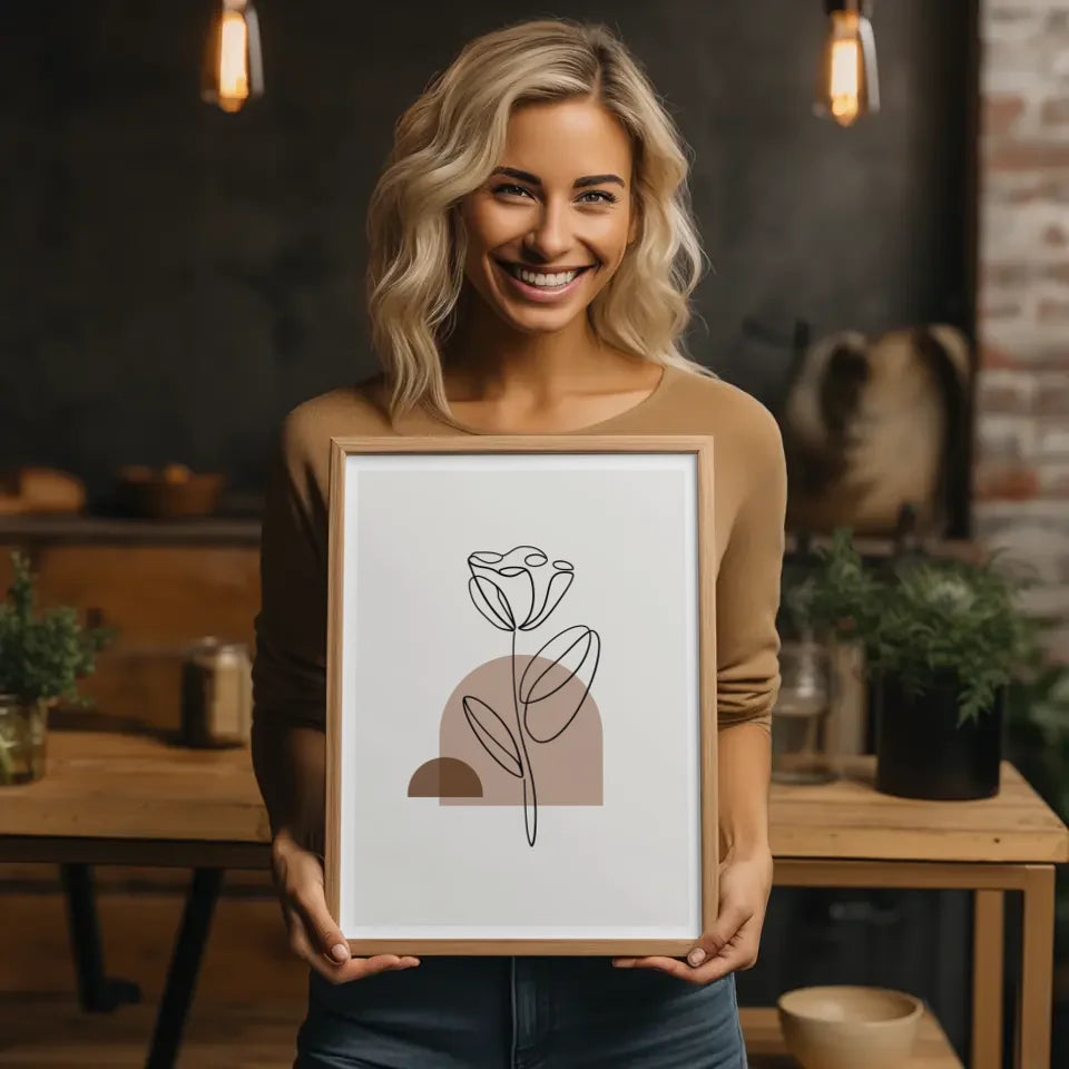 Minimalistisches Poster mit liniengezeichneter Blume im Rahmen