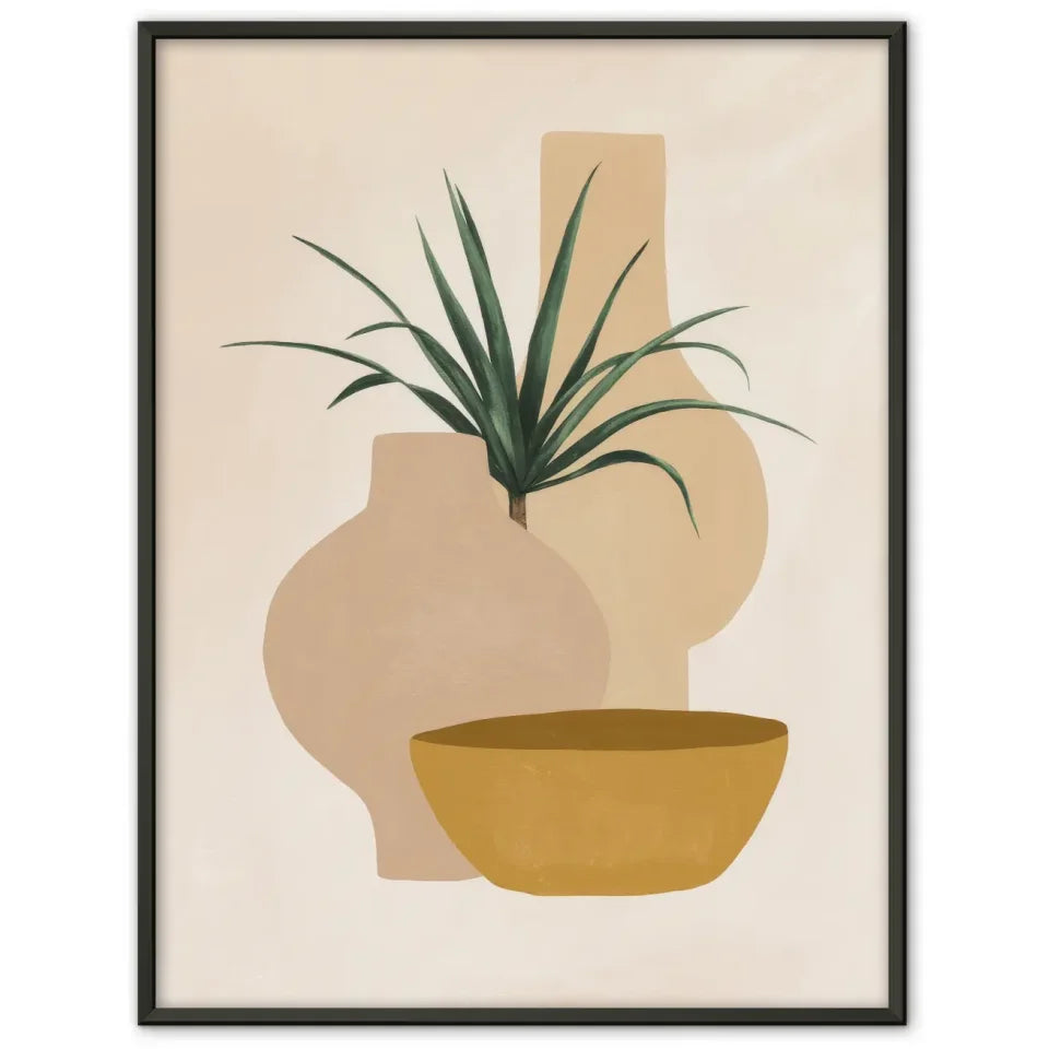 Minimalistisches Poster mit Pflanze in Vase und senfgelber Schale