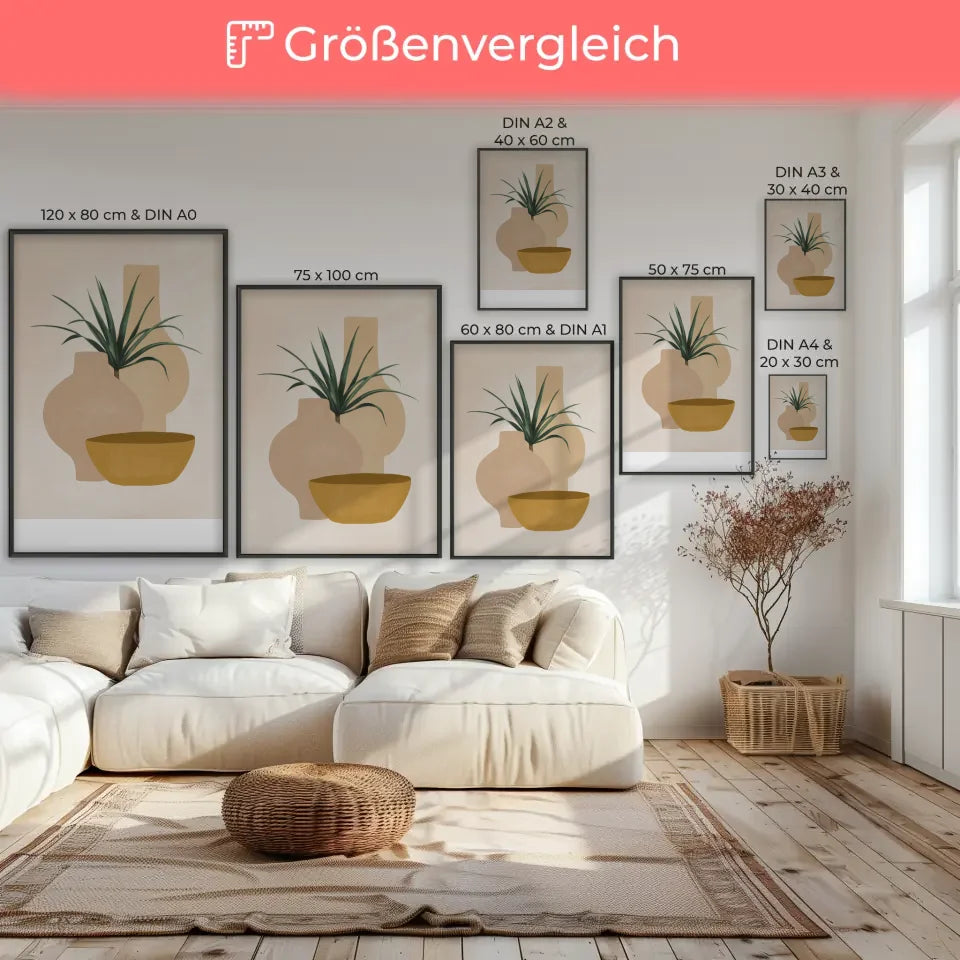 Minimalistisches Poster mit Pflanze in Vase und senfgelber Schale