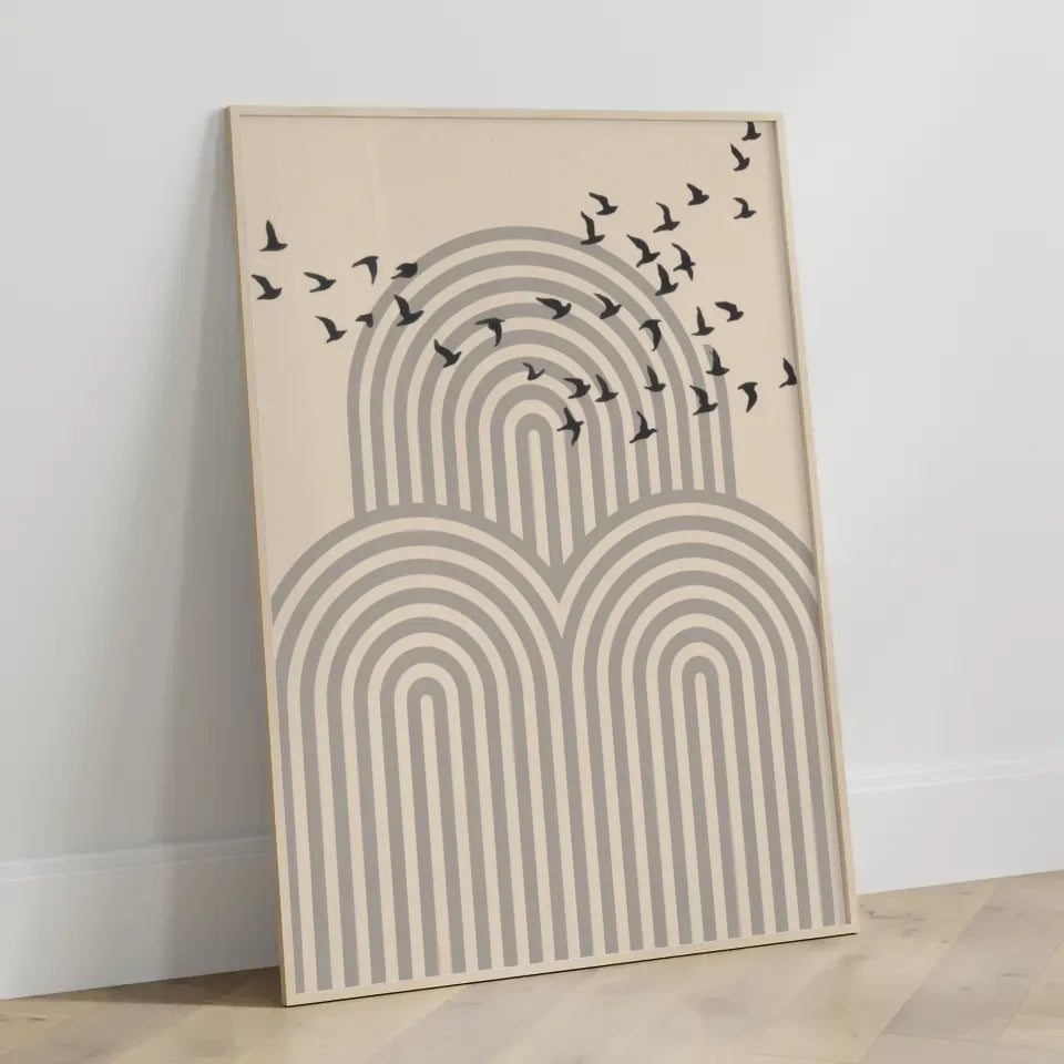Minimalistisches Poster mit Vögeln und Bögen in Beige gestalten