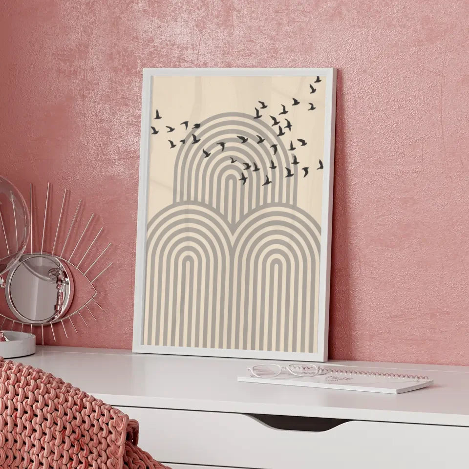 Minimalistisches Poster mit Vögeln und Bögen in Beige gestalten