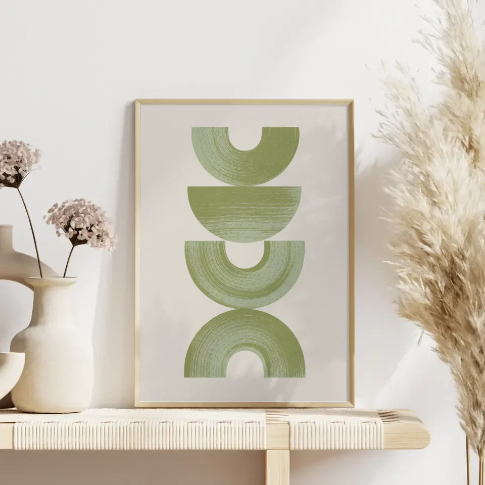 Minimalistisches Poster mit geometrischen Formen in Grün auf Beige