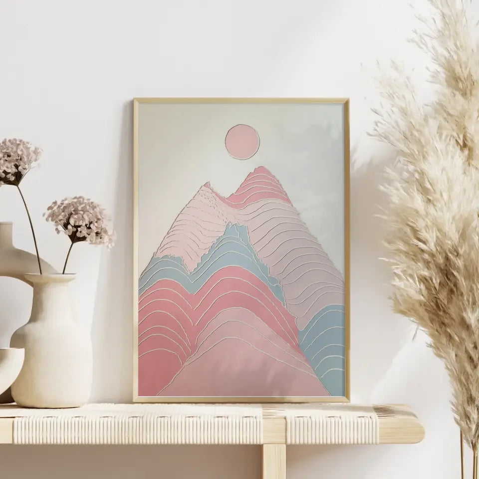 Minimalistischer Poster mit Bergmotiv in Pastellfarben für dein Zuhause