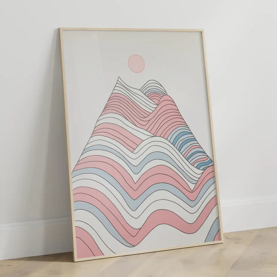 Minimalistischer Poster mit Bergmotiv in Pastellfarben für dein Zuhause