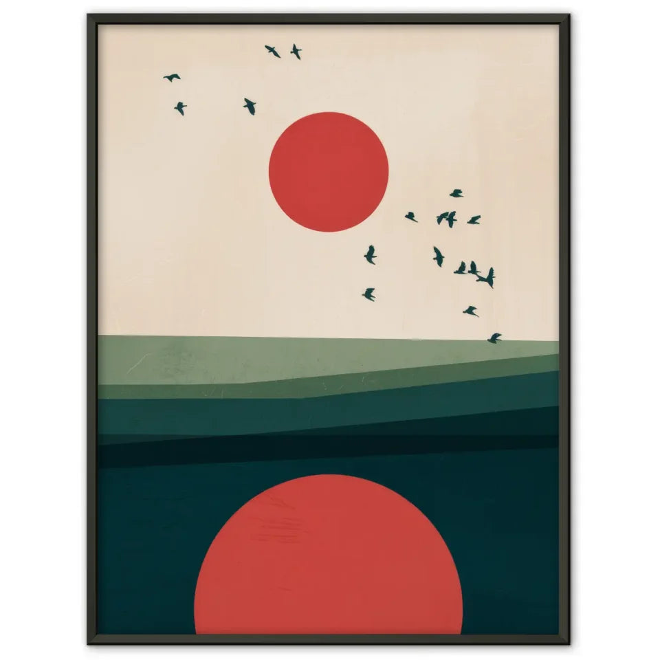 Minimalistisches Poster mit roten Kreisen und Vögeln in Beige Braun