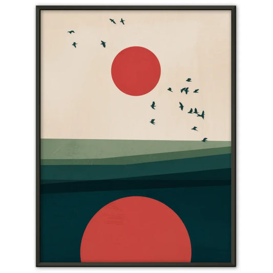 Minimalistisches Poster mit roten Kreisen und Vögeln in Beige Braun