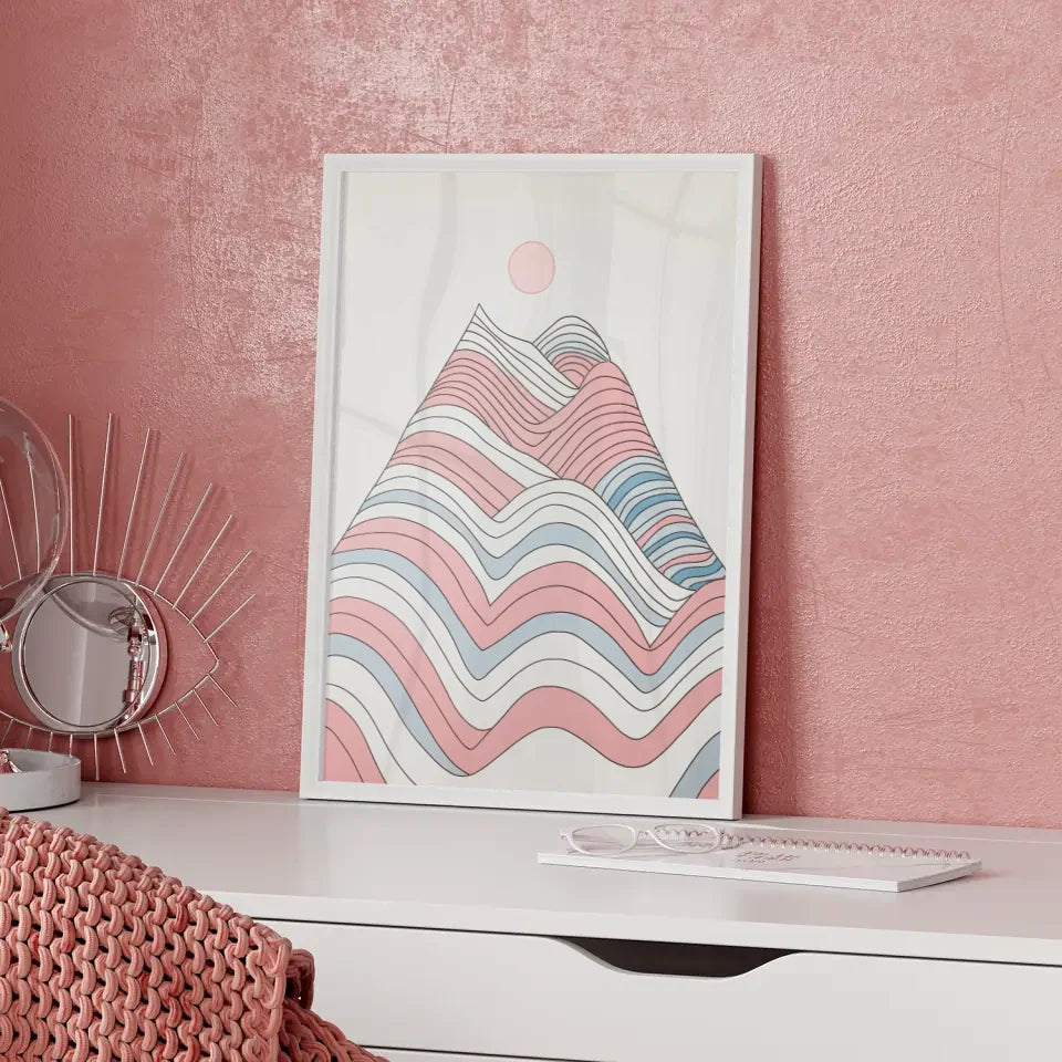 Minimalistischer Poster mit Bergmotiv in Pastellfarben für dein Zuhause