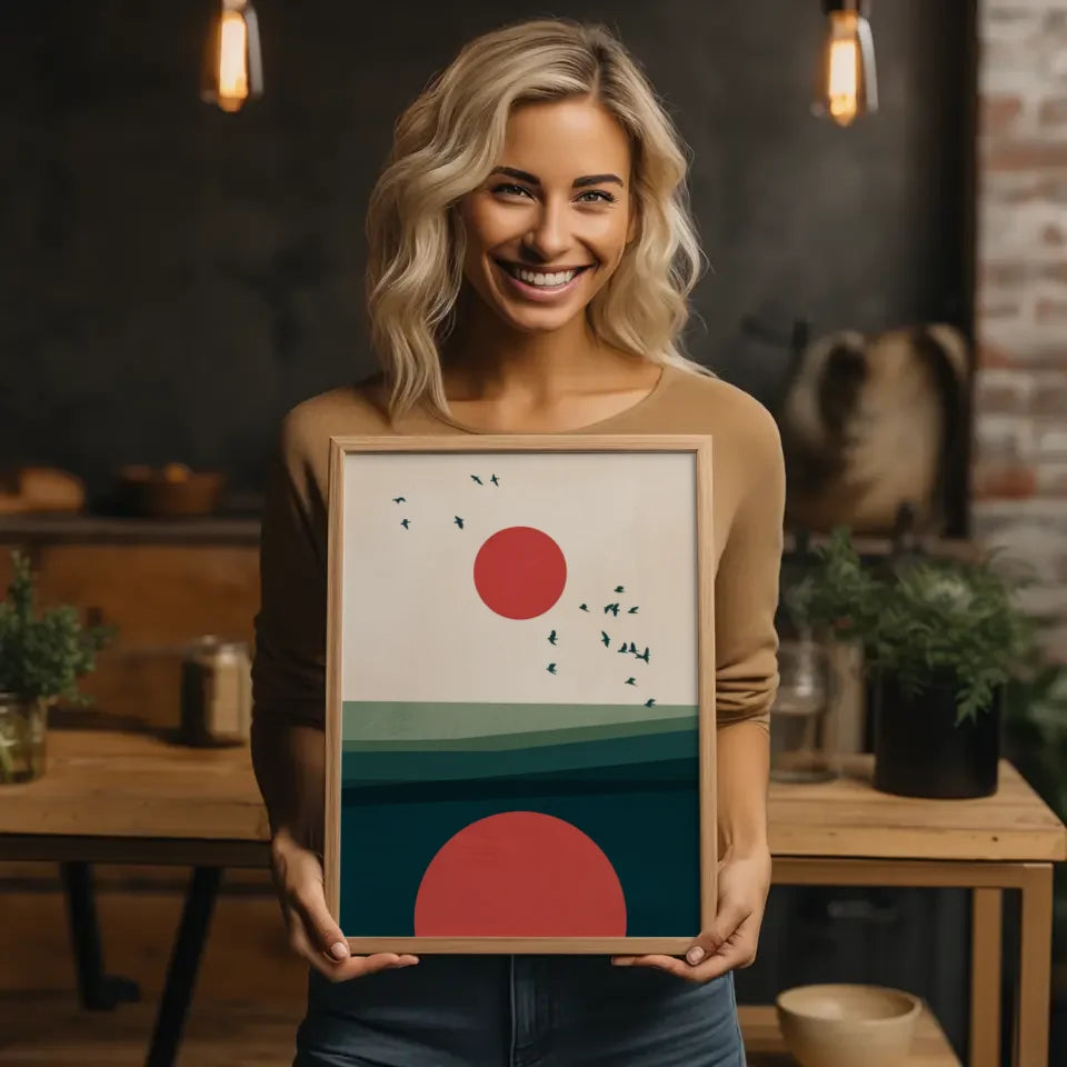 Minimalistisches Poster mit roten Kreisen und Vögeln in Beige Braun