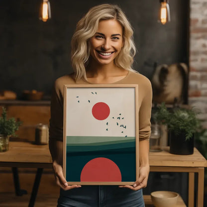 Minimalistisches Poster mit roten Kreisen und Vögeln in Beige Braun