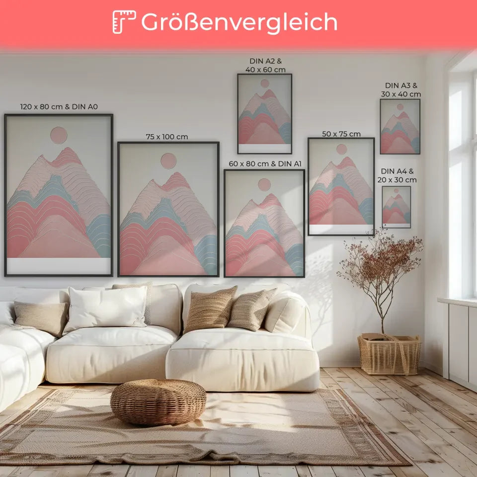 Minimalistischer Poster mit Bergmotiv in Pastellfarben für dein Zuhause