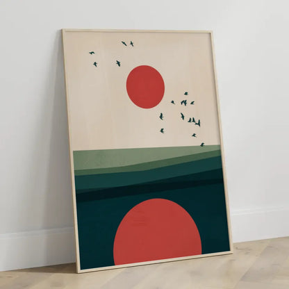 Minimalistisches Poster mit roten Kreisen und Vögeln in Beige Braun