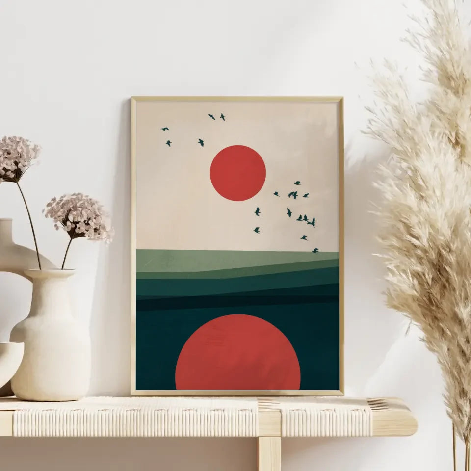 Minimalistisches Poster mit roten Kreisen und Vögeln in Beige Braun