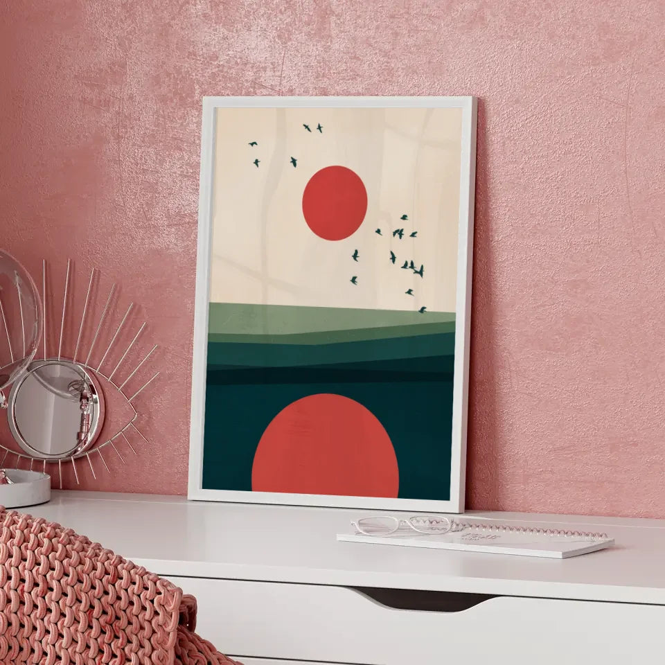 Minimalistisches Poster mit roten Kreisen und Vögeln in Beige Braun