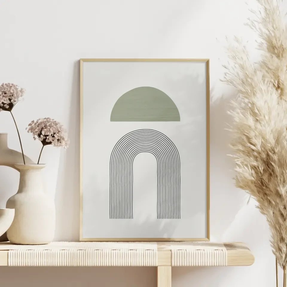 Minimalistisches Poster mit grünem Halbkreis und schwarzen Linien