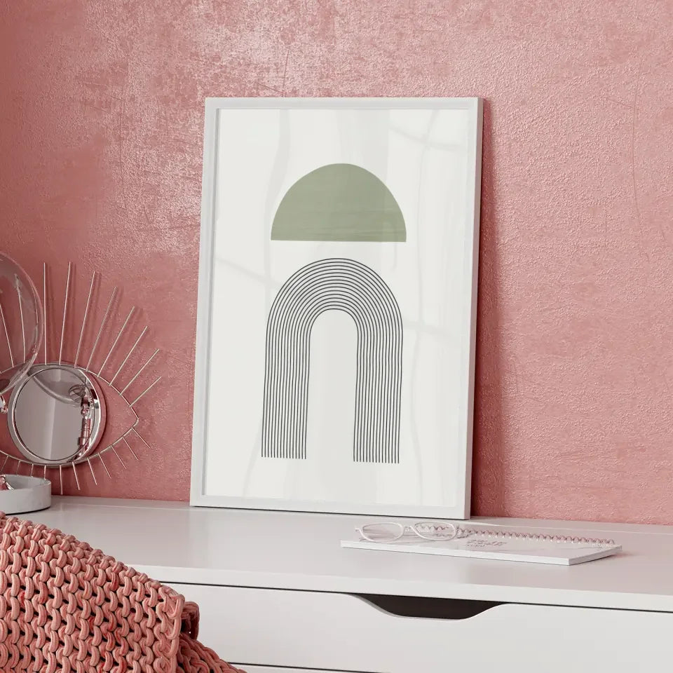 Minimalistisches Poster mit grünem Halbkreis und schwarzen Linien