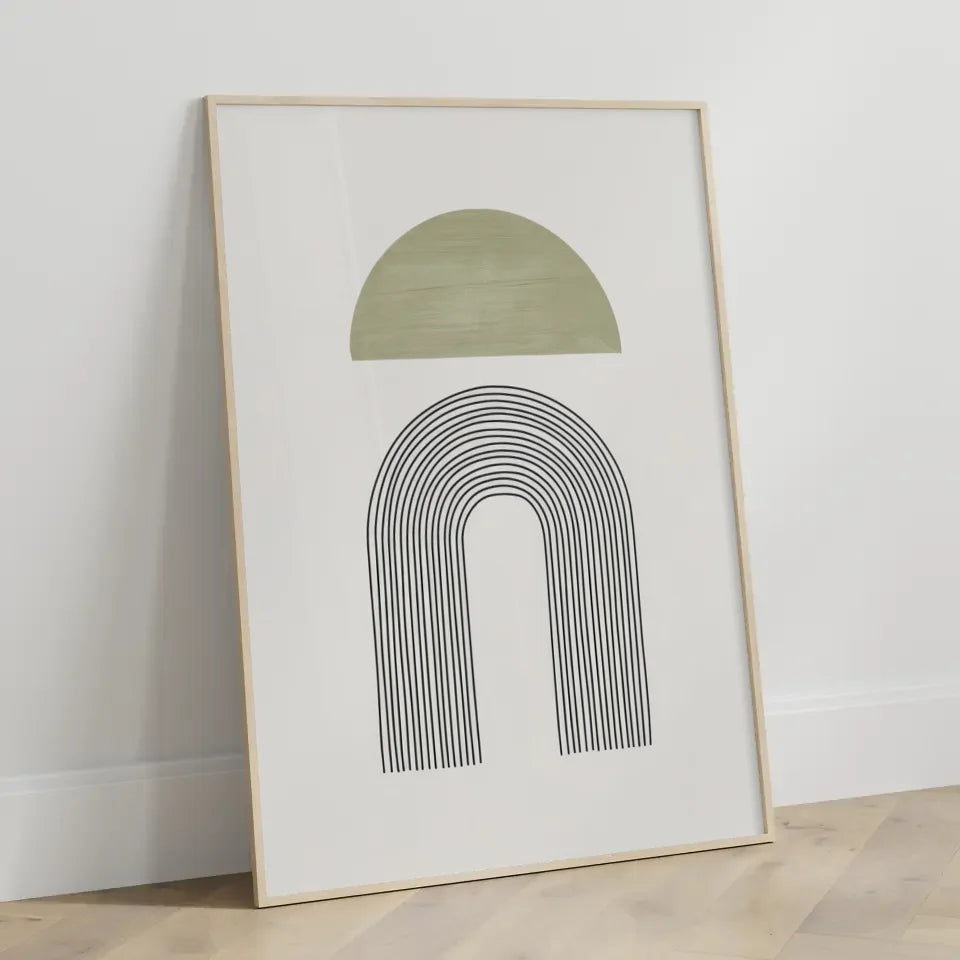Minimalistisches Poster mit grünem Halbkreis und schwarzen Linien