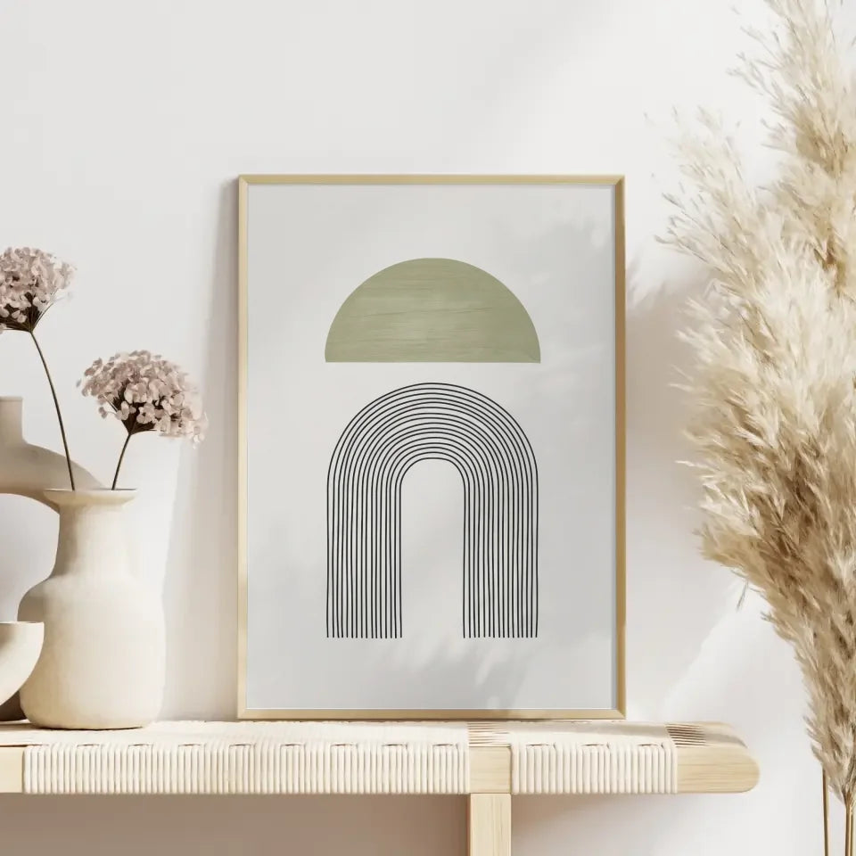 Minimalistisches Poster mit grünem Halbkreis und schwarzen Linien