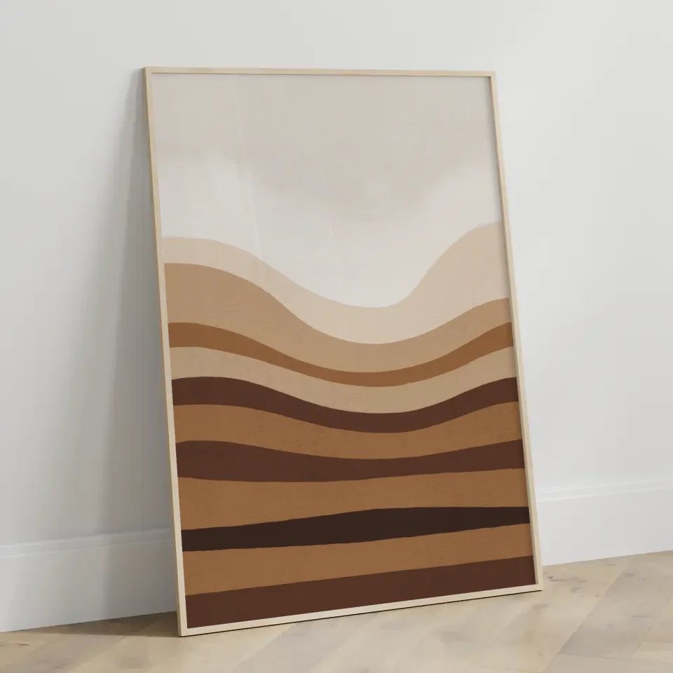 Minimales Kunstposter mit Brauntönen und Licht für ruhige Räume