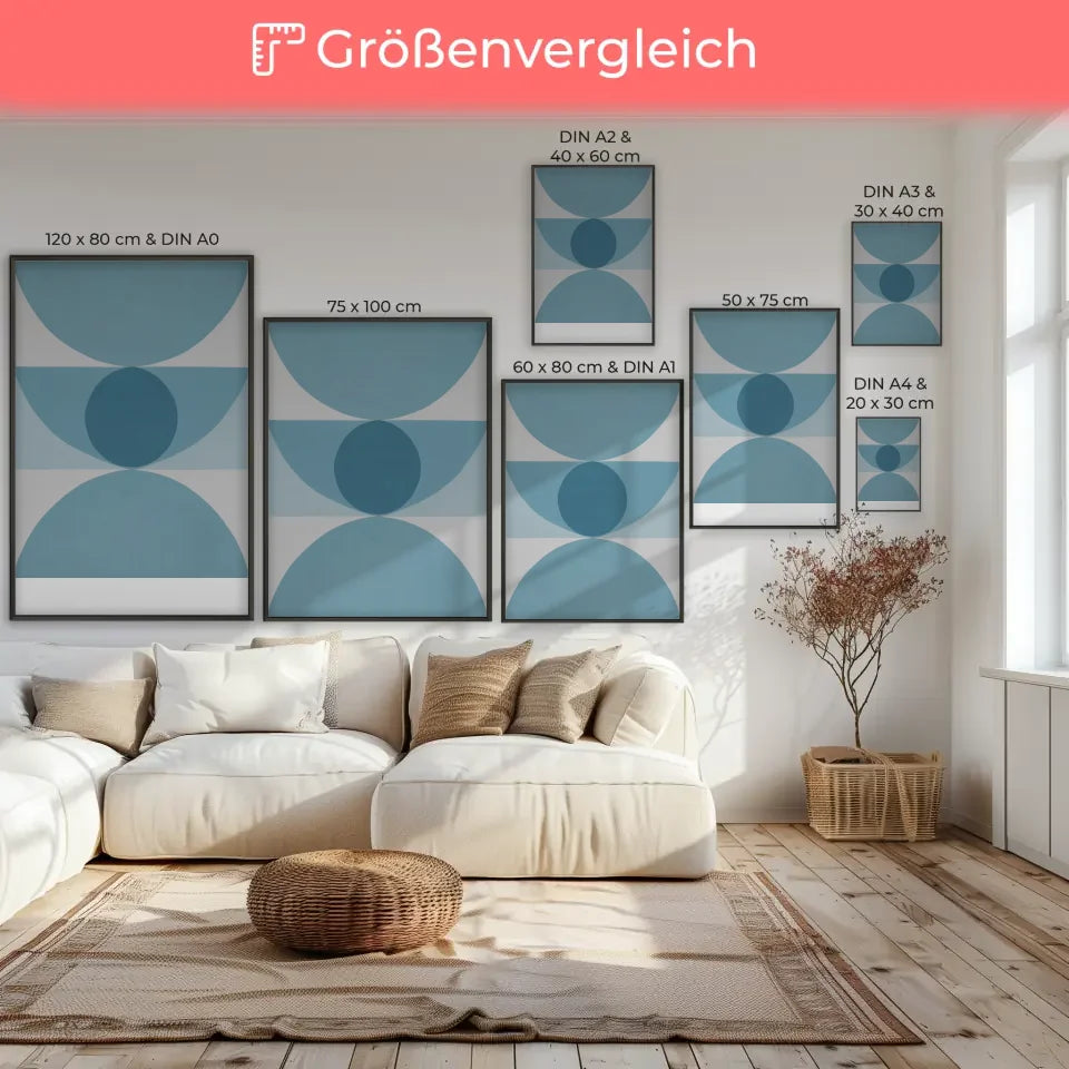 Minimalistisches Poster mit geometrischen Formen in Hellblau