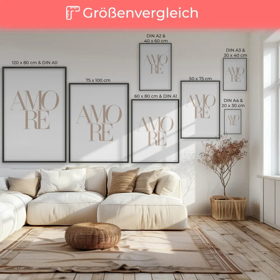 Minimalistisches AMORE Poster in Beige Hellbraun für jeden Raum