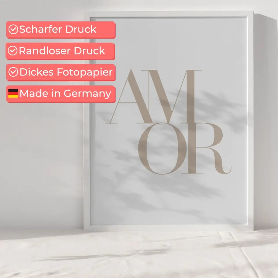 Minimalistisches Poster AMOR in Beige und Weiß für modernes Design