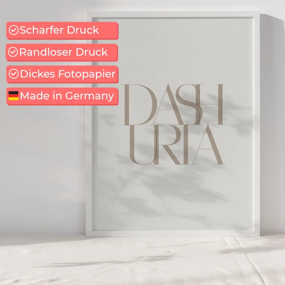 Poster mit dem Wort DASHURIA in minimalistischer Eleganz und Farbenpracht