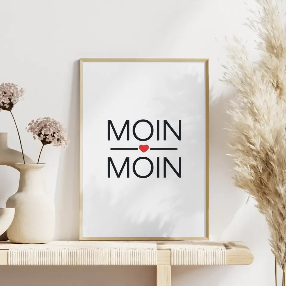 Minimalistisches Moin Moin Poster mit Herz in Schwarz auf Weiß