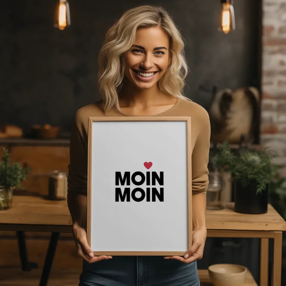 Minimalistisches Moin Moin Poster mit Herz in Schwarz auf Weiß