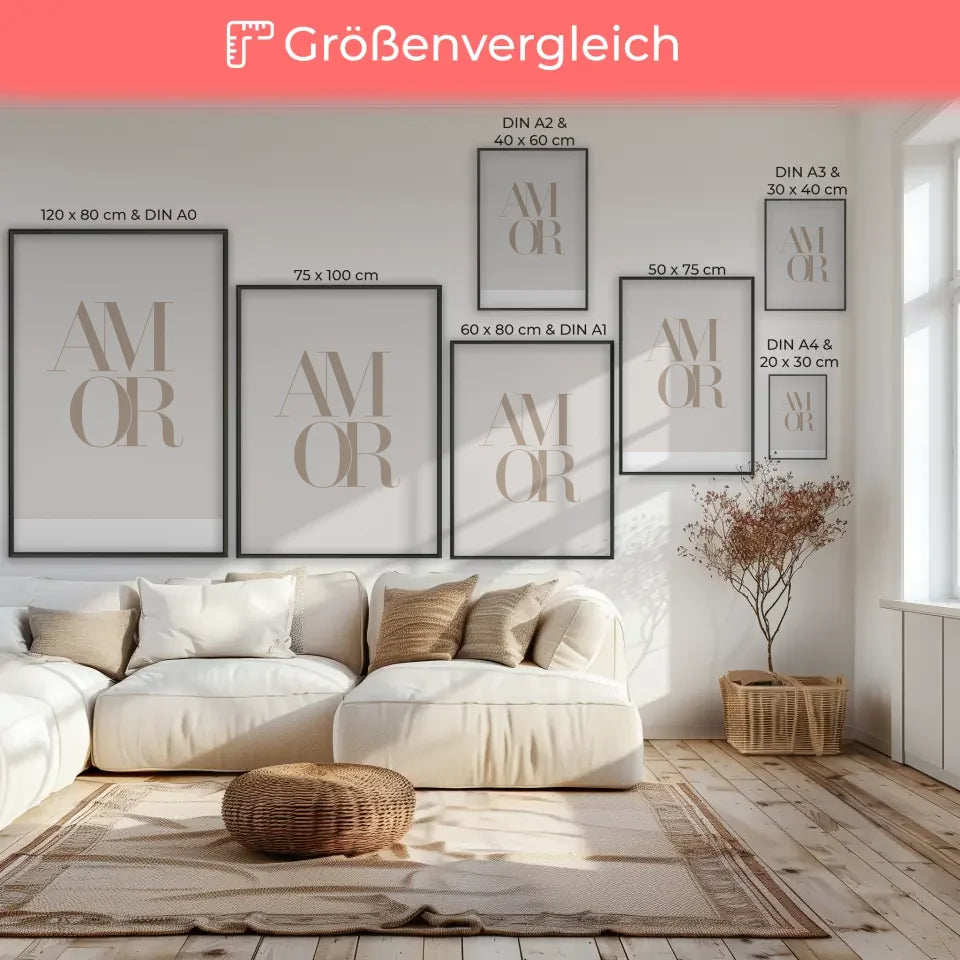 Minimalistisches Poster mit AMOR in Beige für moderne Wände