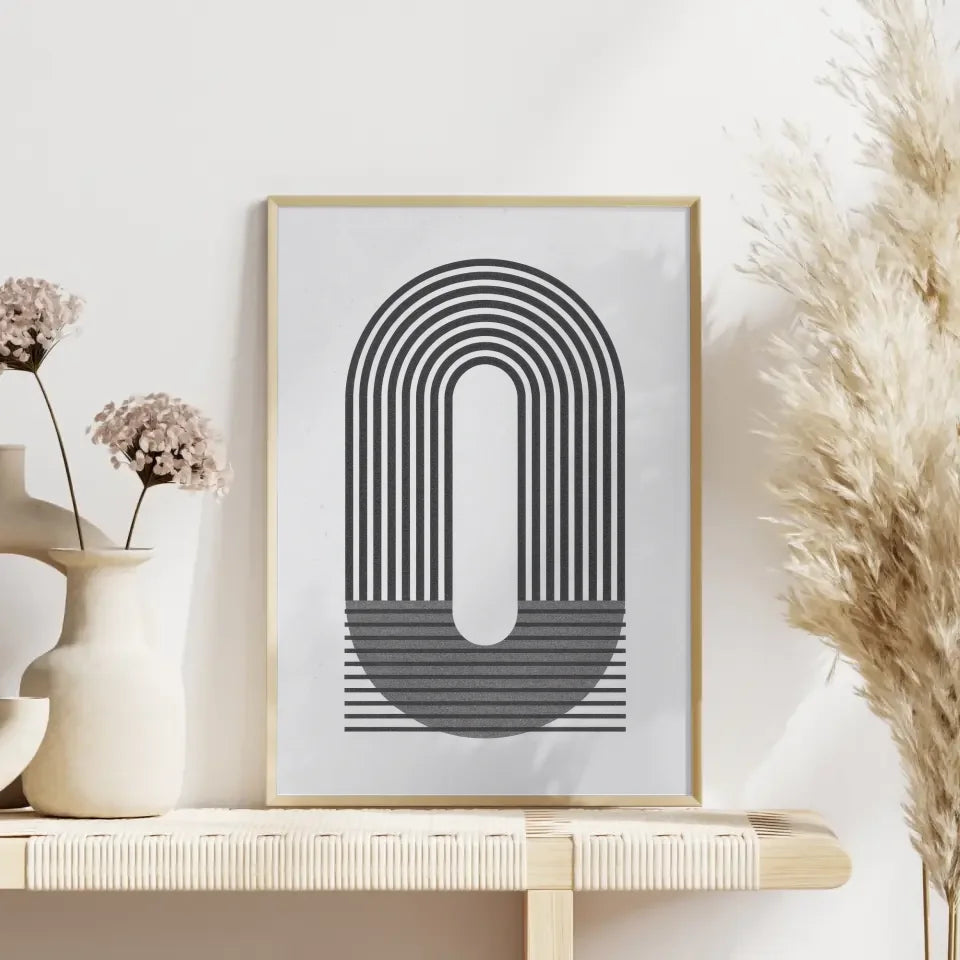 Minimalistisches Poster mit Linien und kreisförmigem Design in grau