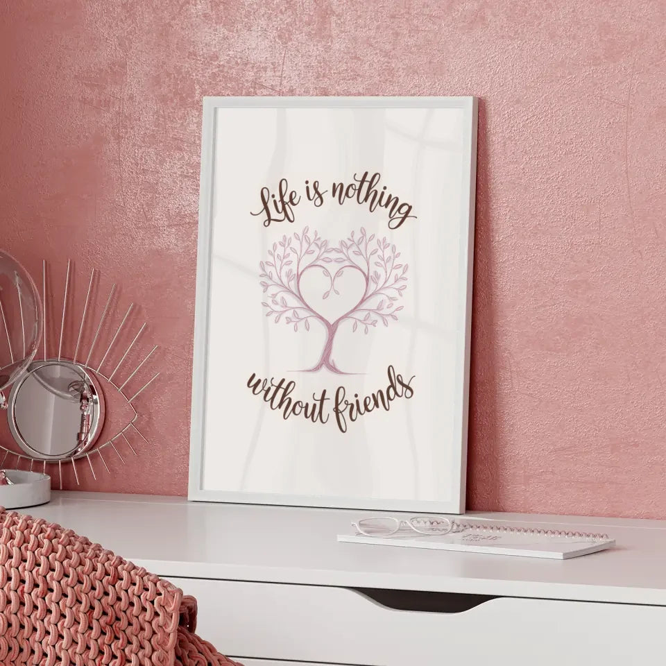 Poster mit stilisiertem Baum Herz und Handschrift für Freundschaft