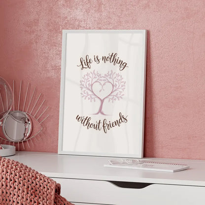 Poster mit stilisiertem Baum Herz und Handschrift für Freundschaft
