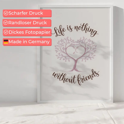 Poster mit stilisiertem Baum Herz und Handschrift für Freundschaft