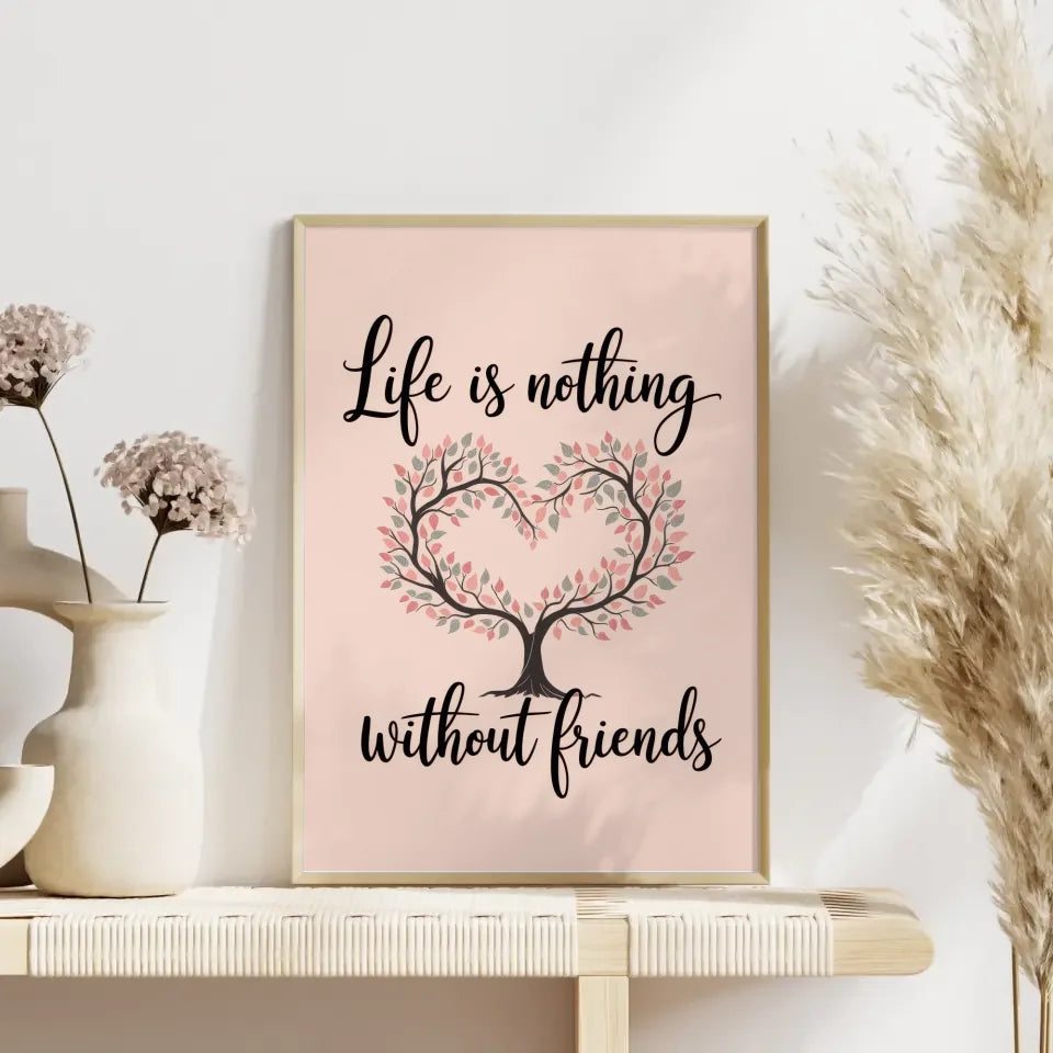 Poster mit stilisiertem Baum Herz und Handschrift für Freundschaft