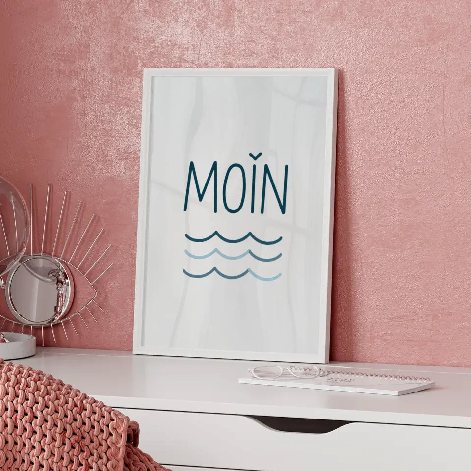 Minimalistisches Moin Poster mit Wellenmuster in Blau und Weiß
