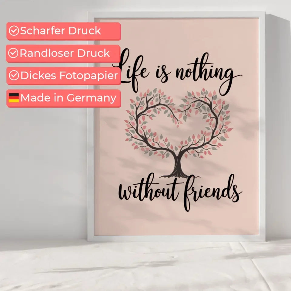 Poster mit stilisiertem Baum Herz und Handschrift für Freundschaft
