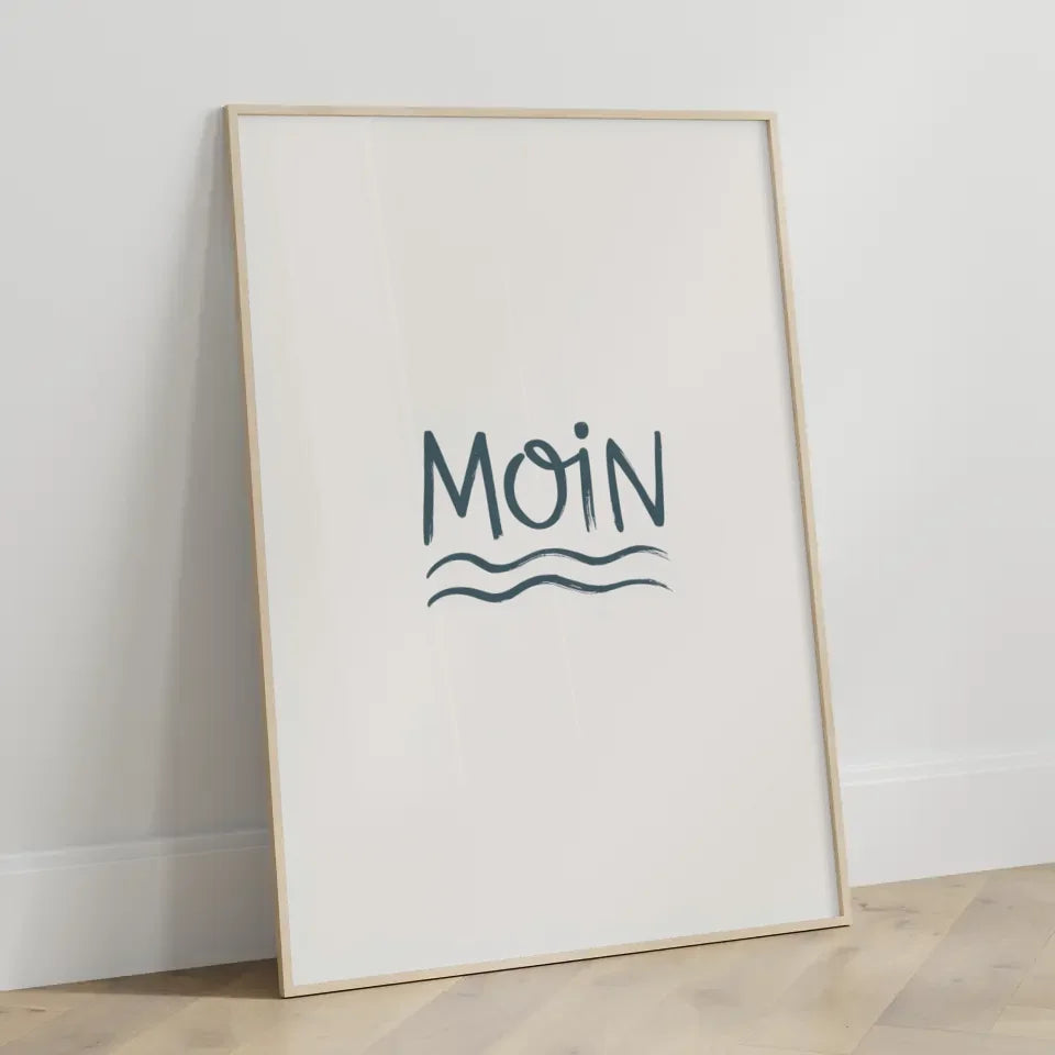 Minimalistisches Moin Poster mit Wellenmuster in Blau und Weiß
